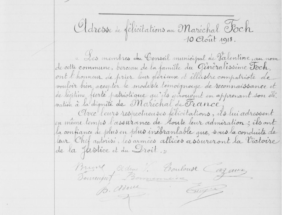 Lettre de félicitations de la commune de Valentine au maréchal Foch